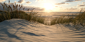 Sandstrand med solnedgang over havet i baggrunden